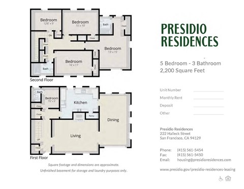 A floor plan for a Presidio Residences apartment with 5 bedrooms and 3 bathrooms.